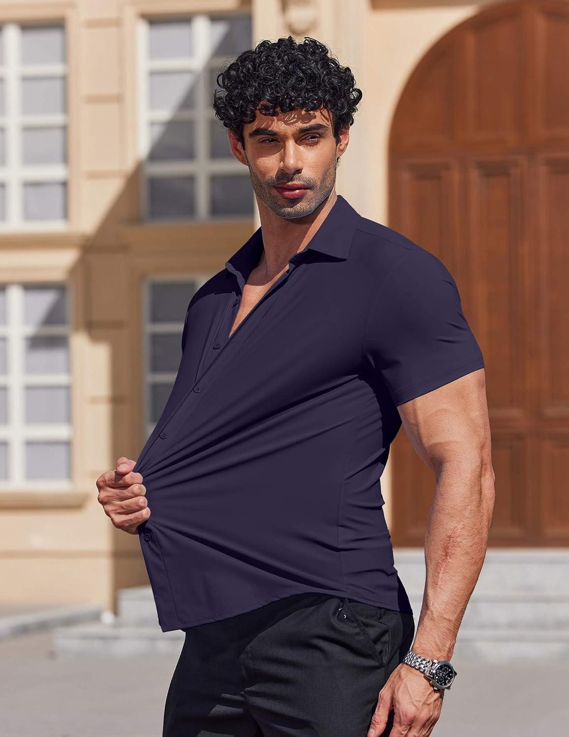 imageCOOFANDY Mens Muscle Fit Dress Shirts Stretch Wrinkle Free Short Sleeve Button Down Shirt Casual Solid Untucked ShirtNavy Blue
