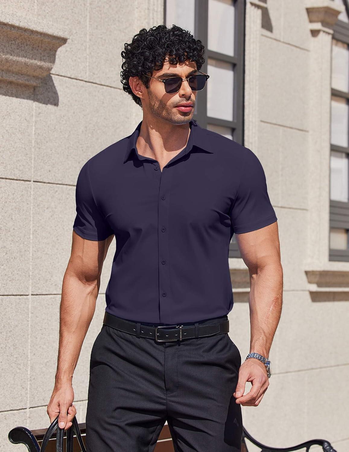 imageCOOFANDY Mens Muscle Fit Dress Shirts Stretch Wrinkle Free Short Sleeve Button Down Shirt Casual Solid Untucked ShirtNavy Blue
