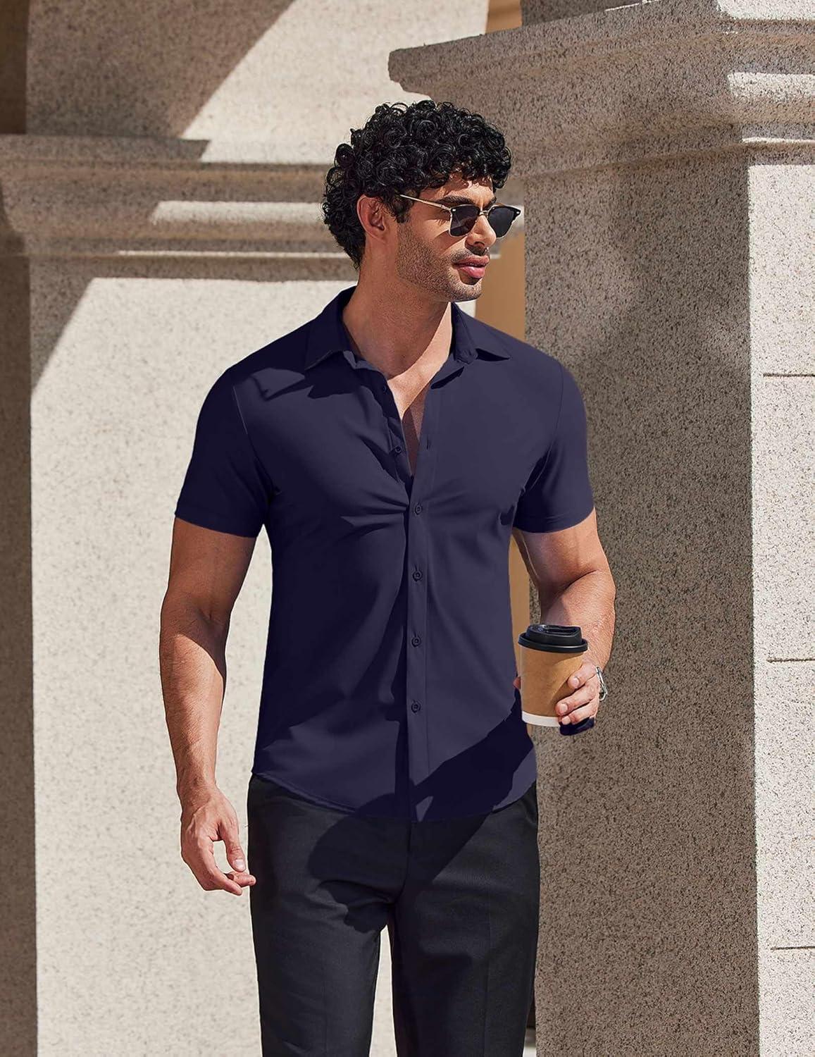 imageCOOFANDY Mens Muscle Fit Dress Shirts Stretch Wrinkle Free Short Sleeve Button Down Shirt Casual Solid Untucked ShirtNavy Blue