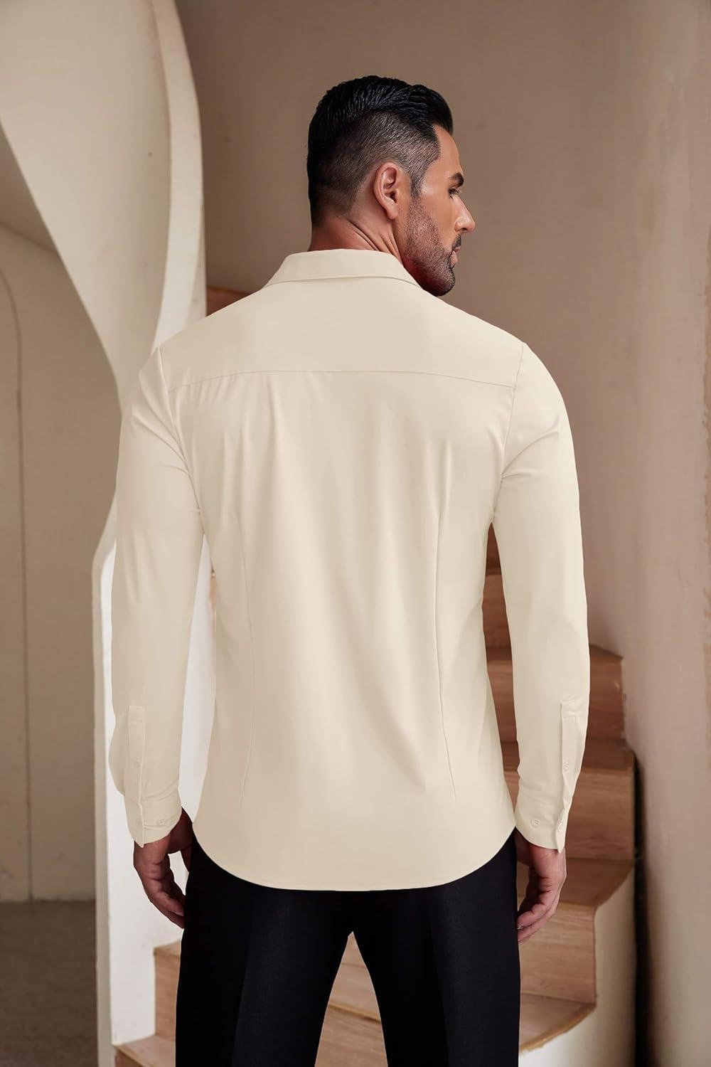 imageCOOFANDY Mens Muscle Fit Dress Shirts WrinkleFree Long Sleeve Casual Button Down ShirtsBeige