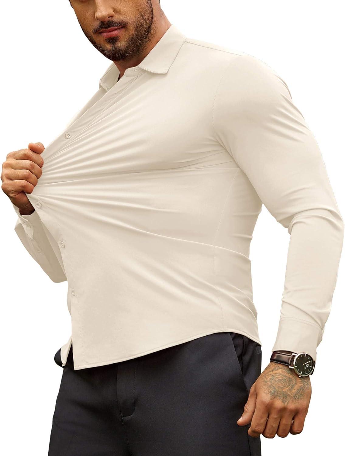 imageCOOFANDY Mens Muscle Fit Dress Shirts WrinkleFree Long Sleeve Casual Button Down ShirtsBeige