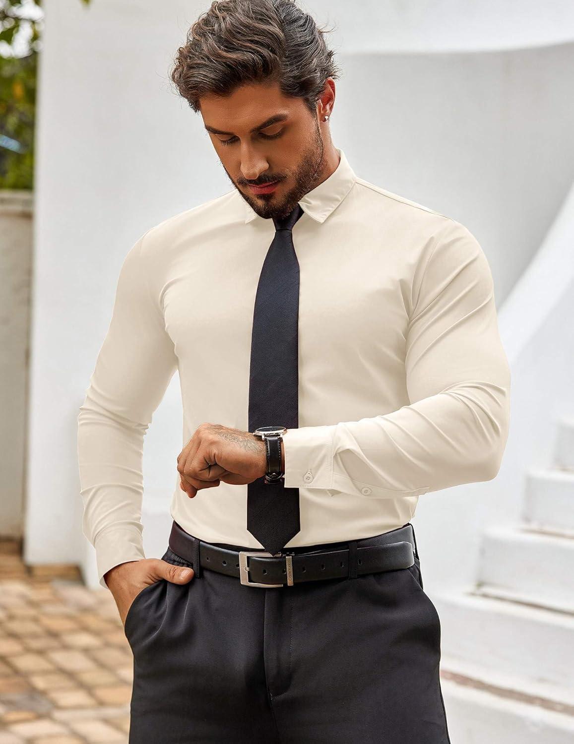 imageCOOFANDY Mens Muscle Fit Dress Shirts WrinkleFree Long Sleeve Casual Button Down ShirtsBeige