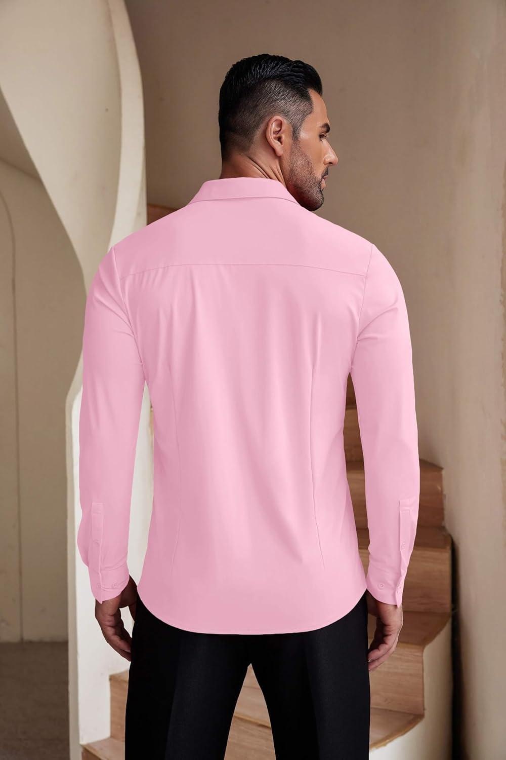 imageCOOFANDY Mens Muscle Fit Dress Shirts WrinkleFree Long Sleeve Casual Button Down ShirtsPink