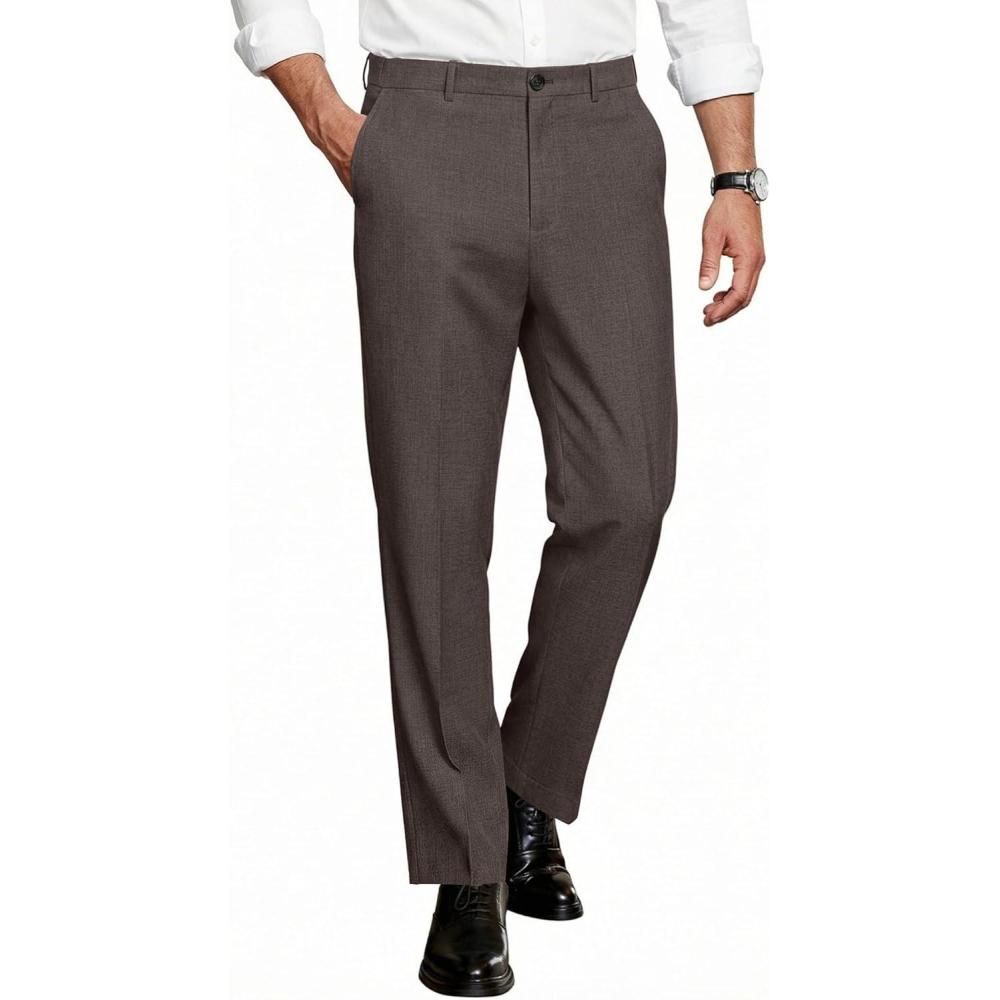 imageCOOFANDY Men Classic Fit Dress Pant Casual Flat Front Pant Expandable Waist Suit PantAbrown