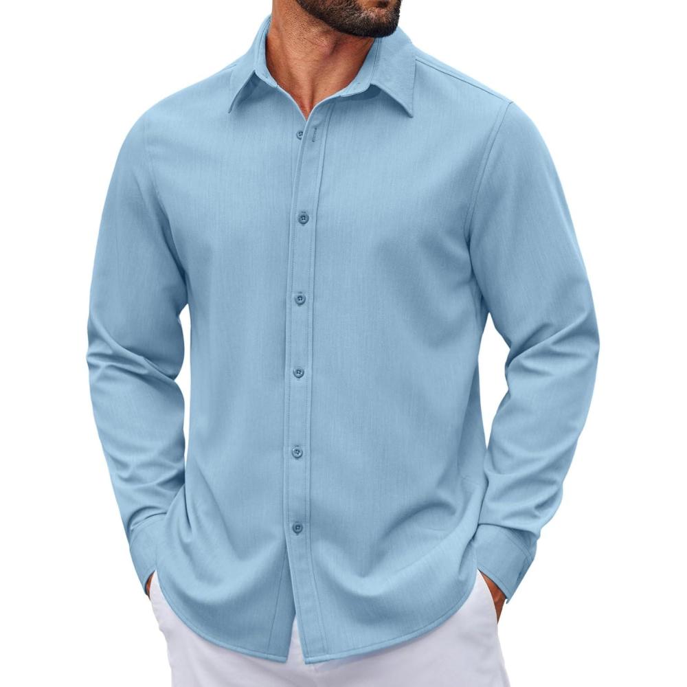 imageCOOFANDY Mens Casual Button Down Long Sleeve Untucked Denim Dress ShirtClear Blue