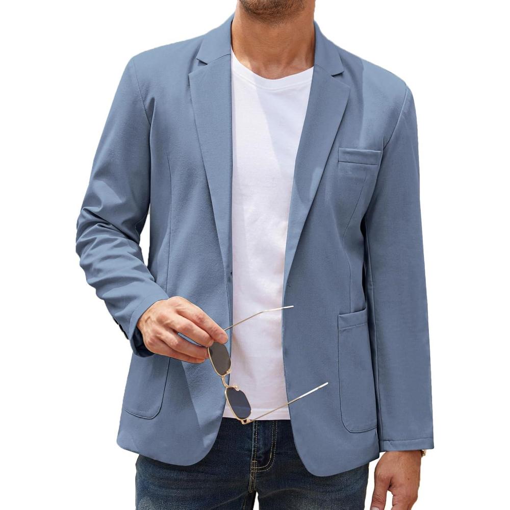 imageCOOFANDY Mens Casual Linen Blazer Lightweight Regular Fit Sport Coat One Button Suit JacketDenim Blue