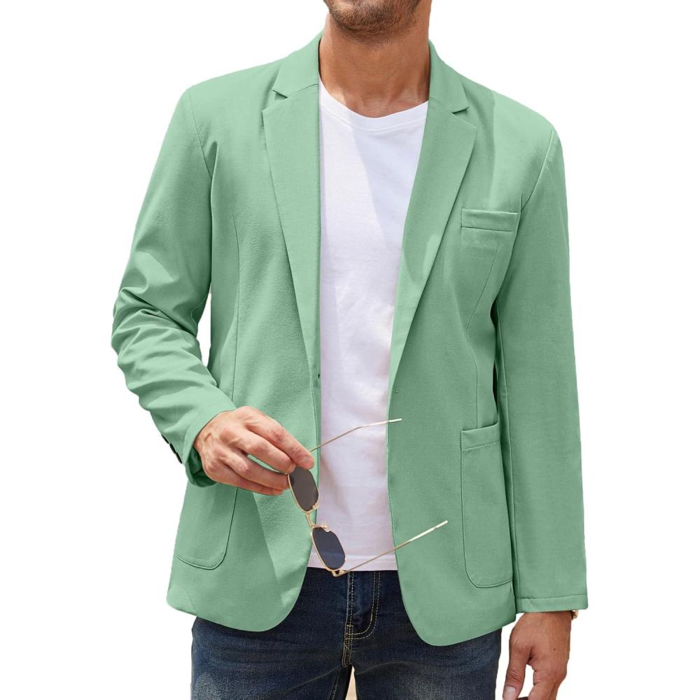 imageCOOFANDY Mens Casual Linen Blazer Lightweight Regular Fit Sport Coat One Button Suit JacketLight Green