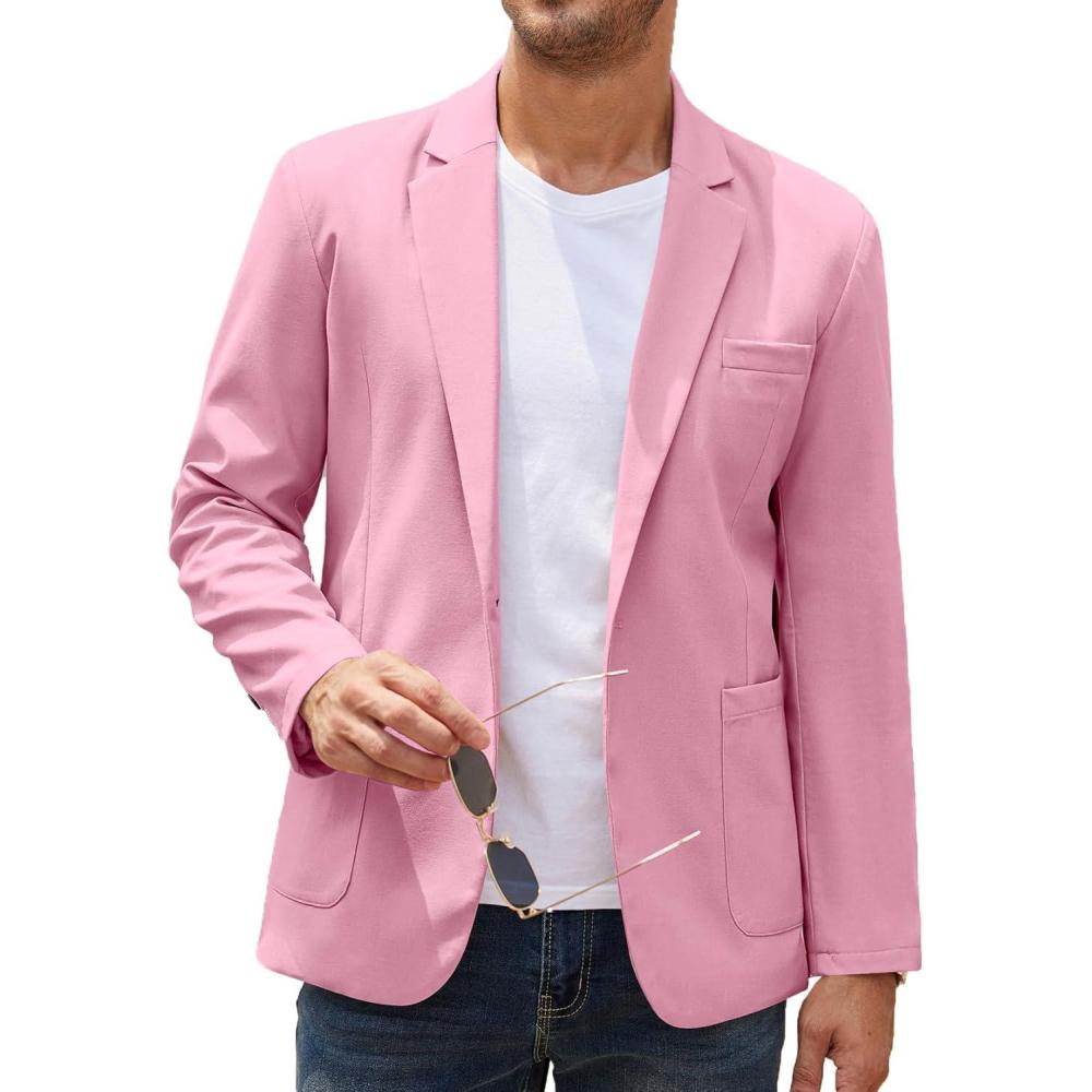 imageCOOFANDY Mens Casual Linen Blazer Lightweight Regular Fit Sport Coat One Button Suit JacketPink