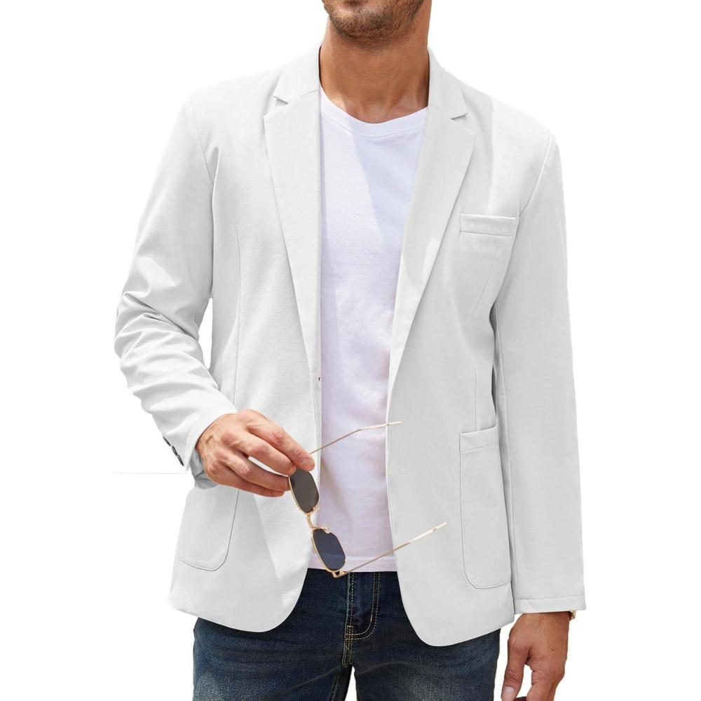 imageCOOFANDY Mens Casual Linen Blazer Lightweight Regular Fit Sport Coat One Button Suit JacketWhite