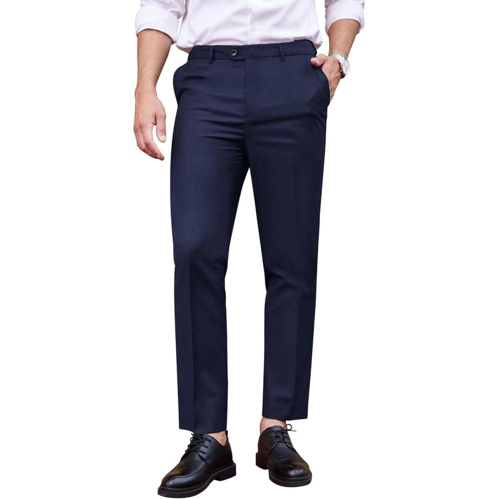 imageCOOFANDY Mens Classic Fit Dress Pants Flat Front Straight Formal Pants Wrinkle Free Expandable Waist Suit PantsNavy Blue