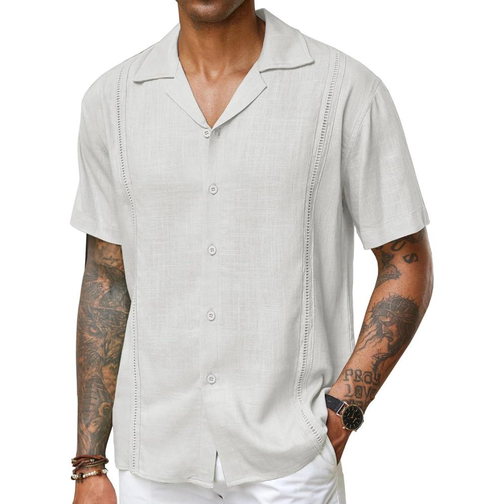imageCOOFANDY Mens Cuban Guayabera Shirt Short Sleeve Button Down Shirts Casual Summer Beach Linen ShirtsA White