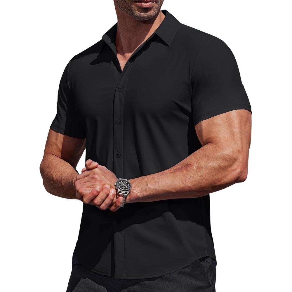 imageCOOFANDY Mens Muscle Fit Dress Shirts Stretch Wrinkle Free Short Sleeve Button Down Shirt Casual Solid Untucked Shirt01black