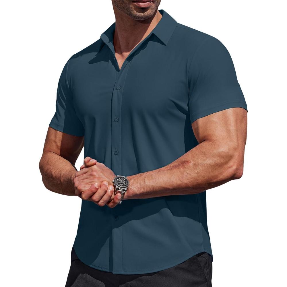 imageCOOFANDY Mens Muscle Fit Dress Shirts Stretch Wrinkle Free Short Sleeve Button Down Shirt Casual Solid Untucked ShirtDark Blue