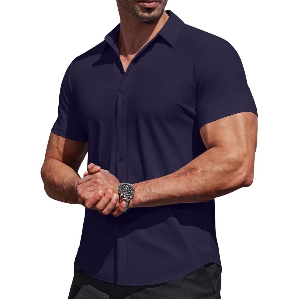 imageCOOFANDY Mens Muscle Fit Dress Shirts Stretch Wrinkle Free Short Sleeve Button Down Shirt Casual Solid Untucked ShirtNavy Blue