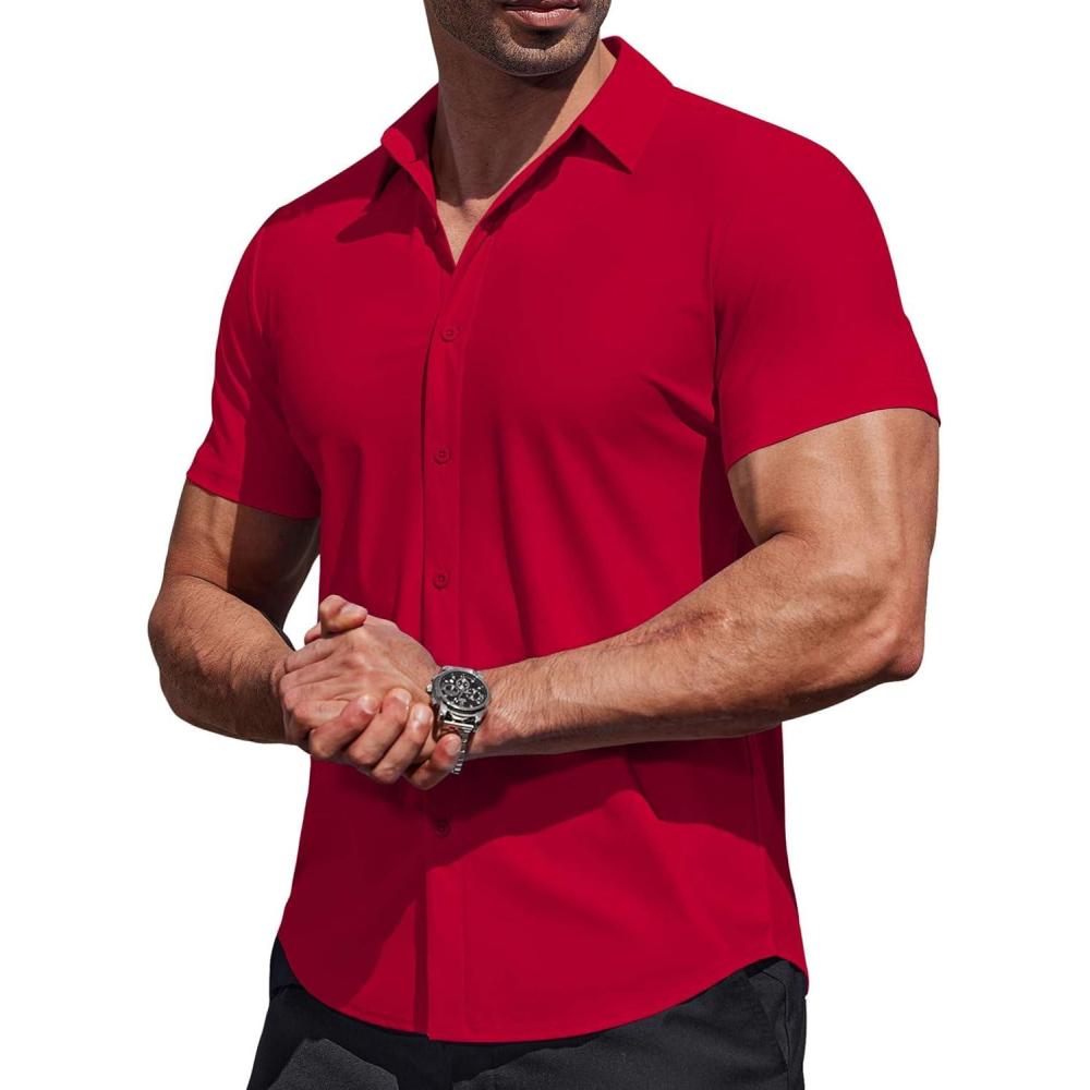 imageCOOFANDY Mens Muscle Fit Dress Shirts Stretch Wrinkle Free Short Sleeve Button Down Shirt Casual Solid Untucked ShirtRed