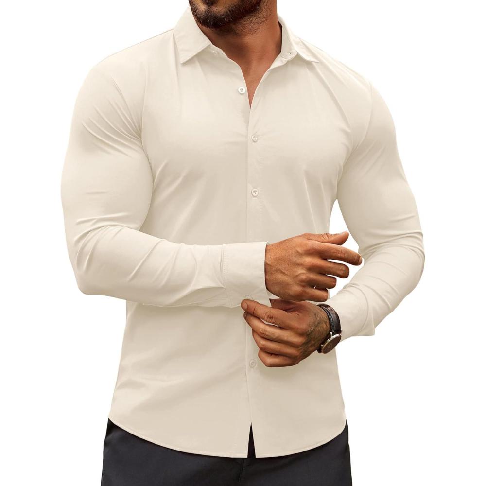 imageCOOFANDY Mens Muscle Fit Dress Shirts WrinkleFree Long Sleeve Casual Button Down ShirtsBeige