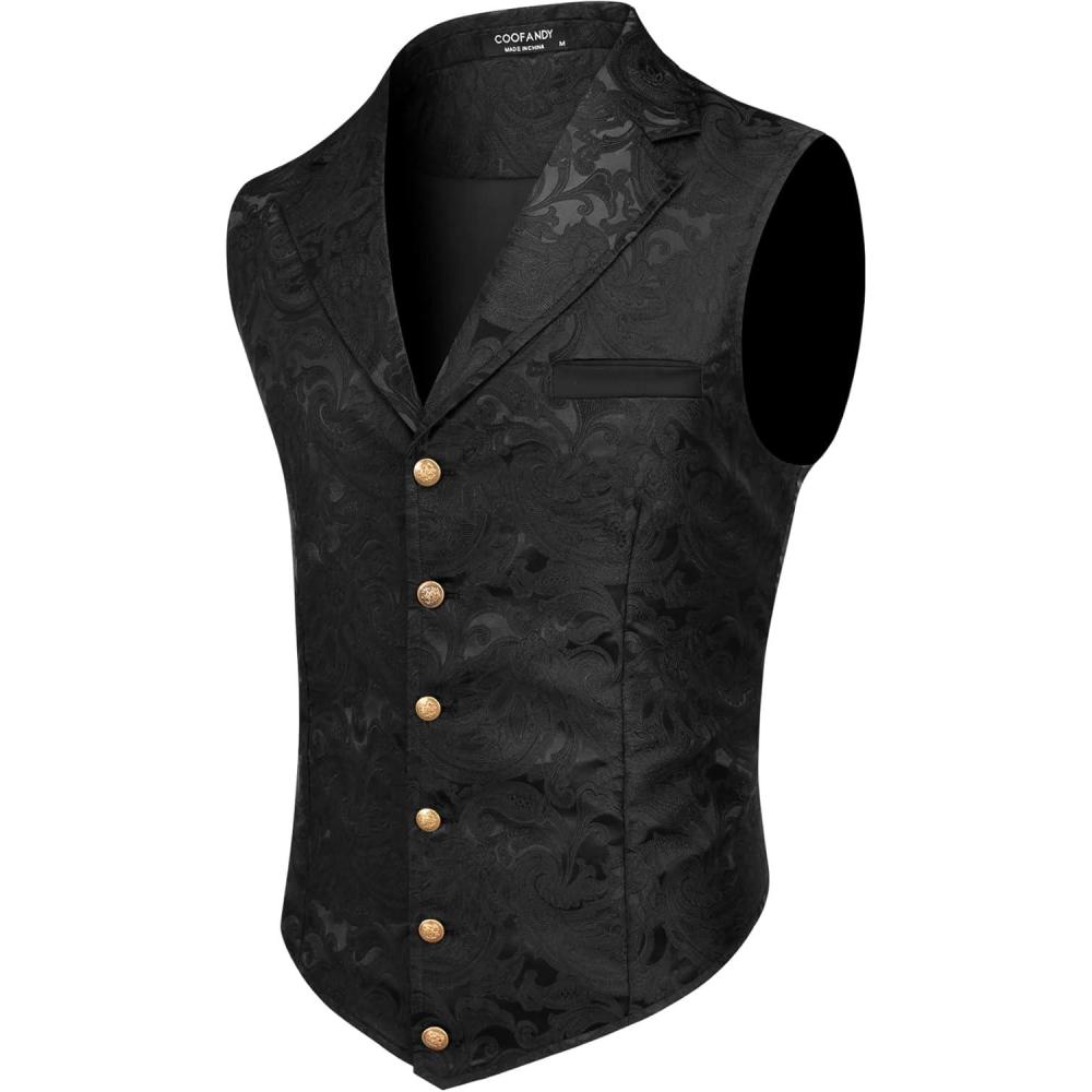 imageCOOFANDY Mens Suit Vest Paisley Floral Victorian Vests Gothic Steampunk Formal Waistcoat Tuxedo Vests with Notched LapelsBlack