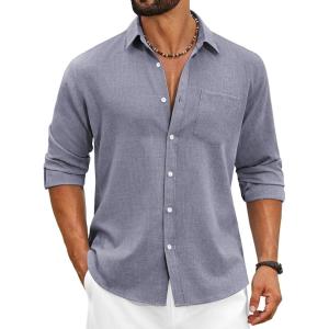 COOFANDY Men’s Cotton Linen Button Down Shirts Long Sleeve Casual Summer Beach Shirts for Men(Mottled Navy)