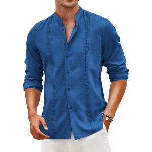 COOFANDY Men’s Cuban Guayabera Shirt Casual Long Sleeve Button Down Shirts Band Collar Linen Summer Beach Shirt(Royal Blue)