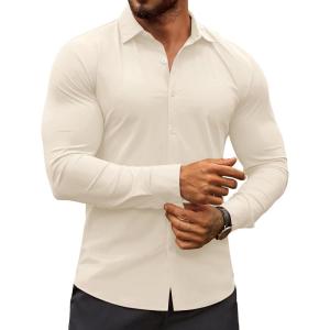 COOFANDY Men’s Muscle Fit Dress Shirts Wrinkle-Free Long Sleeve Casual Button Down Shirts(Beige)