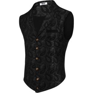 COOFANDY Men’s Suit Vest Paisley Floral Victorian Vests Gothic Steampunk Formal Waistcoat Tuxedo Vests with Notched Lapels(Black Paisley)