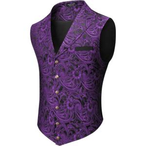 COOFANDY Men’s Suit Vest Paisley Floral Victorian Vests Gothic Steampunk Formal Waistcoat Tuxedo Vests with Notched Lapels(Purple)