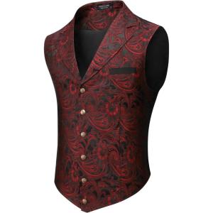 COOFANDY Men’s Suit Vest Paisley Floral Victorian Vests Gothic Steampunk Formal Waistcoat Tuxedo Vests with Notched Lapels(Wine Red)