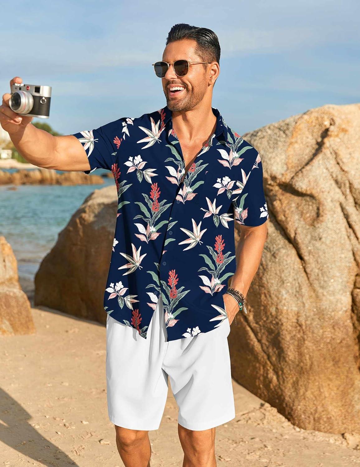 imageCOOFANDY Mens Hawaiian 2 Piece Outfits Summer Beach Matching Set Short Sleeve Floral Shirts and ShortsLeaf Navy Blue