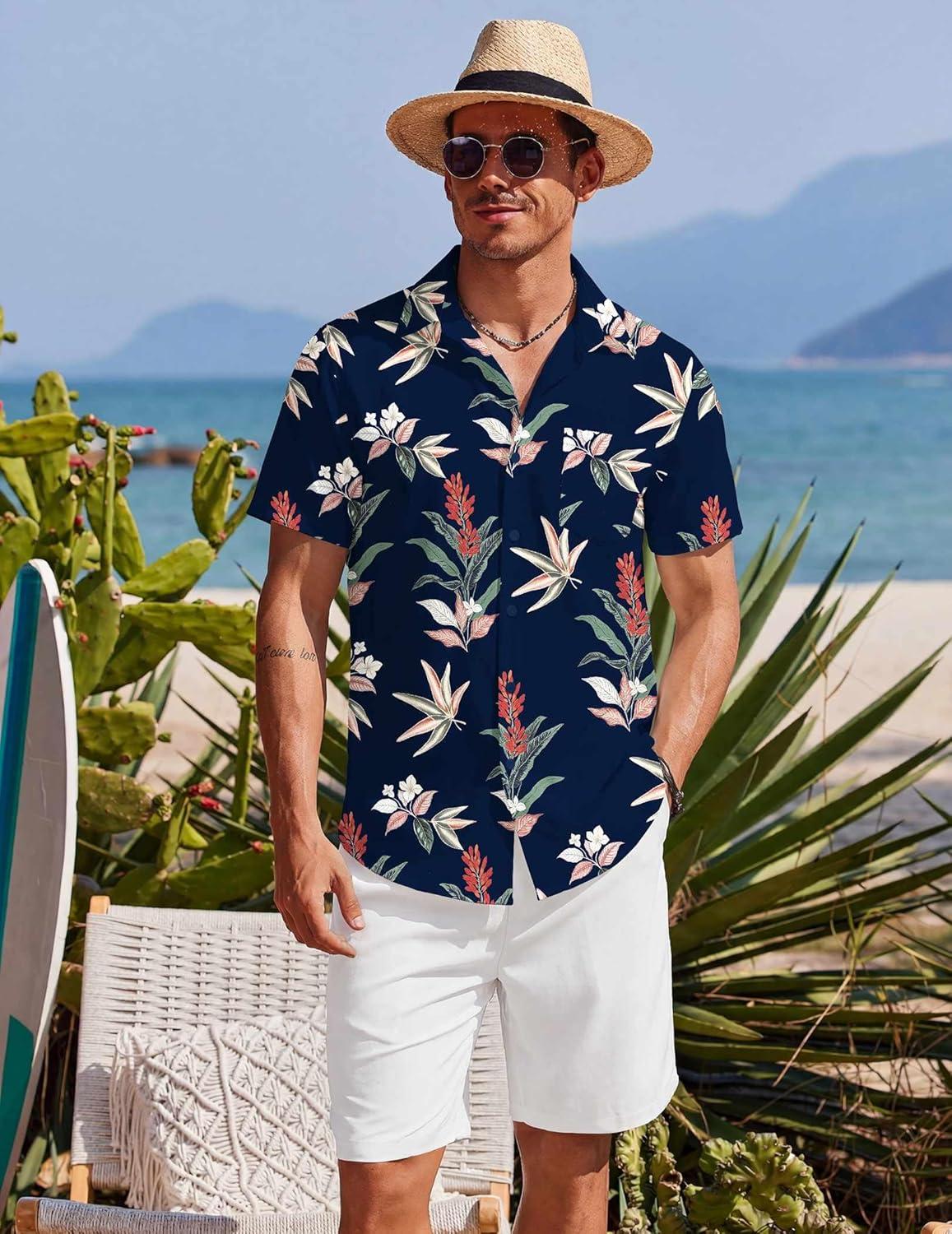 imageCOOFANDY Mens Hawaiian 2 Piece Outfits Summer Beach Matching Set Short Sleeve Floral Shirts and ShortsLeaf Navy Blue