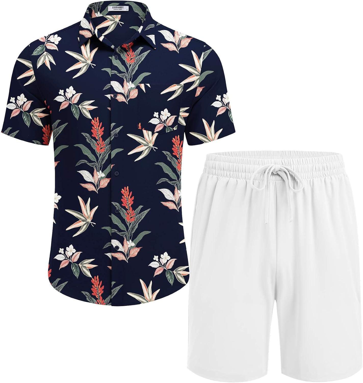 imageCOOFANDY Mens Hawaiian 2 Piece Outfits Summer Beach Matching Set Short Sleeve Floral Shirts and ShortsLeaf Navy Blue