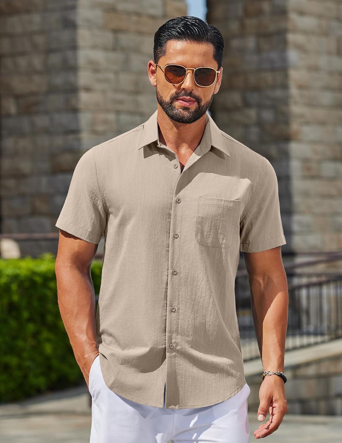 imageCOOFANDY Mens Linen Shirts Short Sleeve Button Down Shirt Casual Summer Beach Shirts with PocketKhaki
