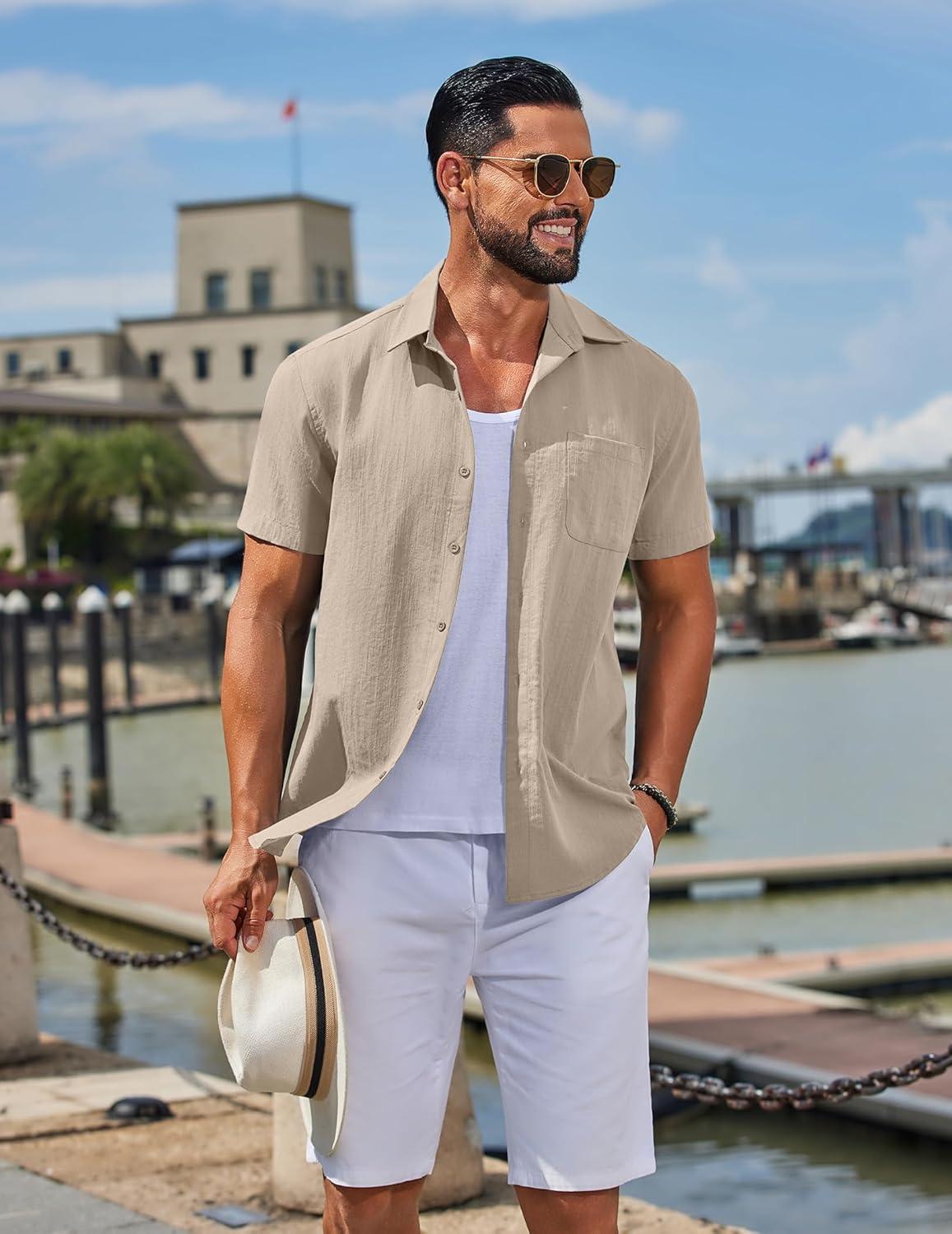 imageCOOFANDY Mens Linen Shirts Short Sleeve Button Down Shirt Casual Summer Beach Shirts with PocketKhaki