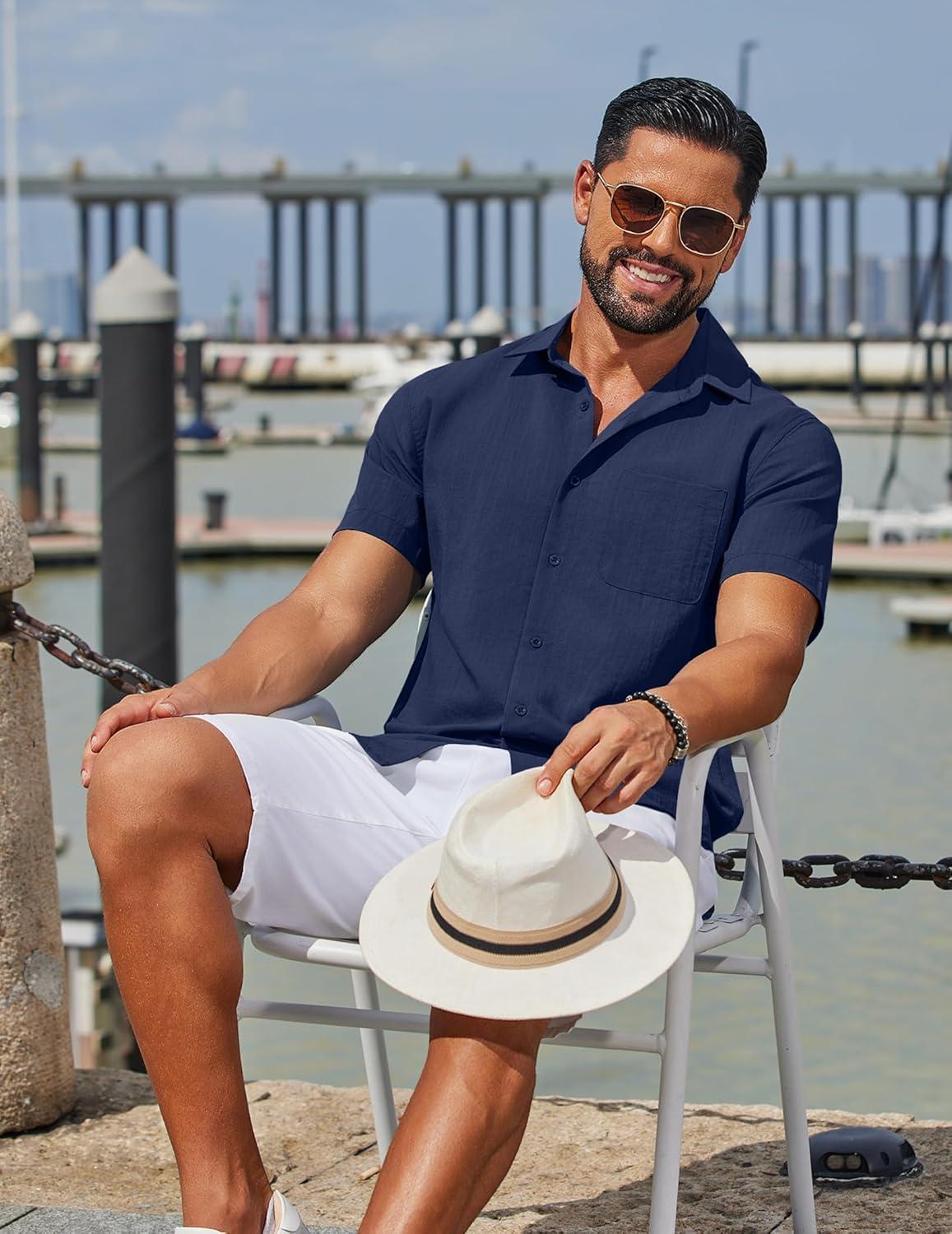 imageCOOFANDY Mens Linen Shirts Short Sleeve Button Down Shirt Casual Summer Beach Shirts with PocketNavy Blue