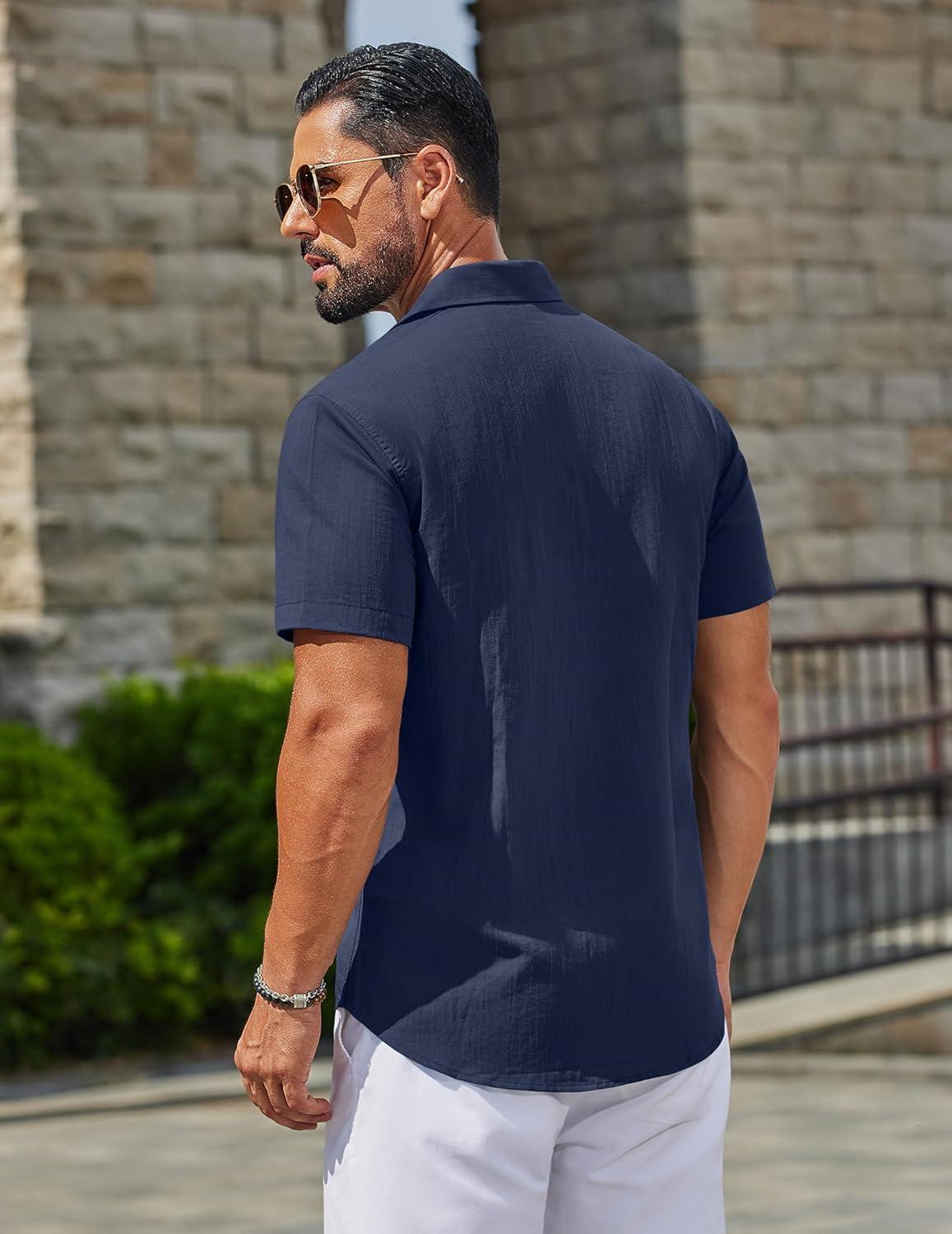 imageCOOFANDY Mens Linen Shirts Short Sleeve Button Down Shirt Casual Summer Beach Shirts with PocketNavy Blue