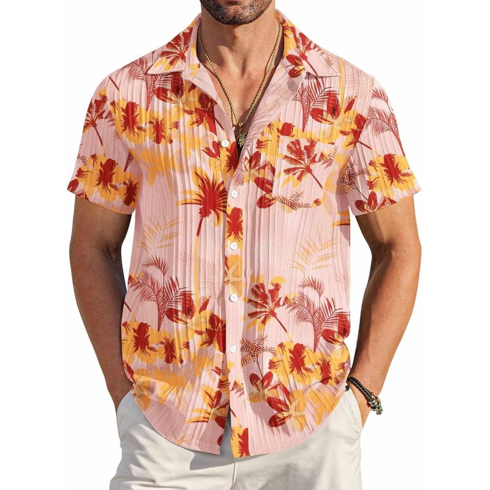 imageCOOFANDY Mens Casual Button Down Shirts Short Sleeve Textured Summer Beach Shirt with PocketCoral Pinktropical Style