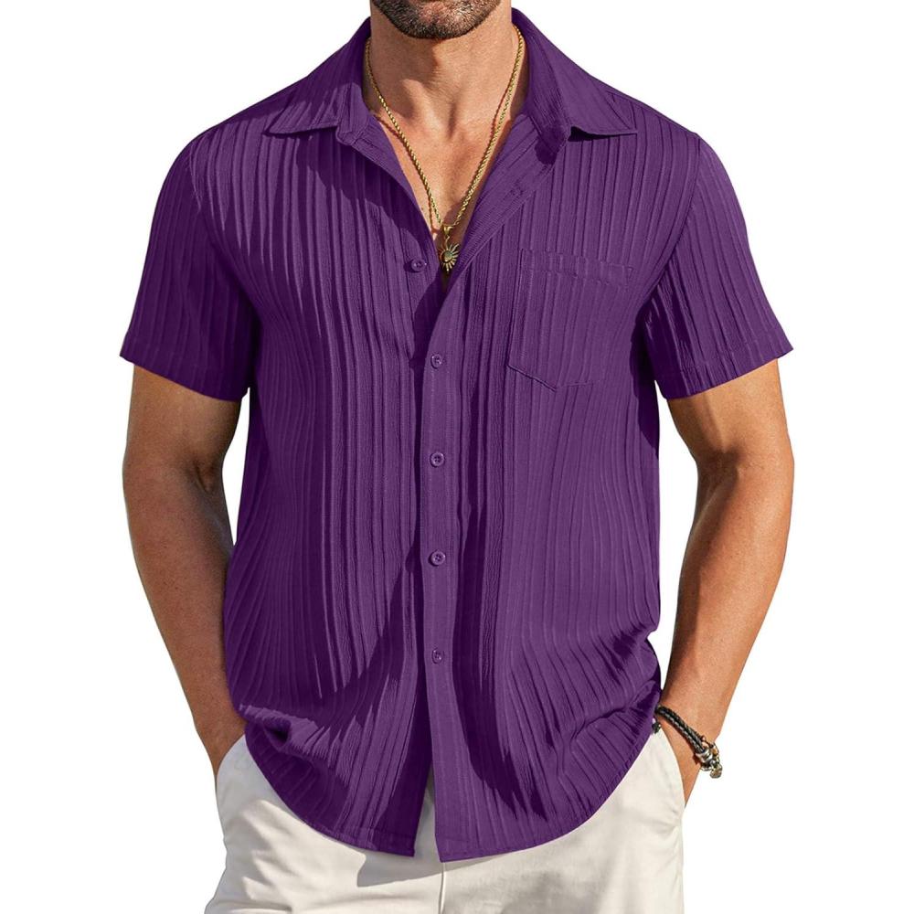 imageCOOFANDY Mens Casual Button Down Shirts Short Sleeve Textured Summer Beach Shirt with PocketPurple