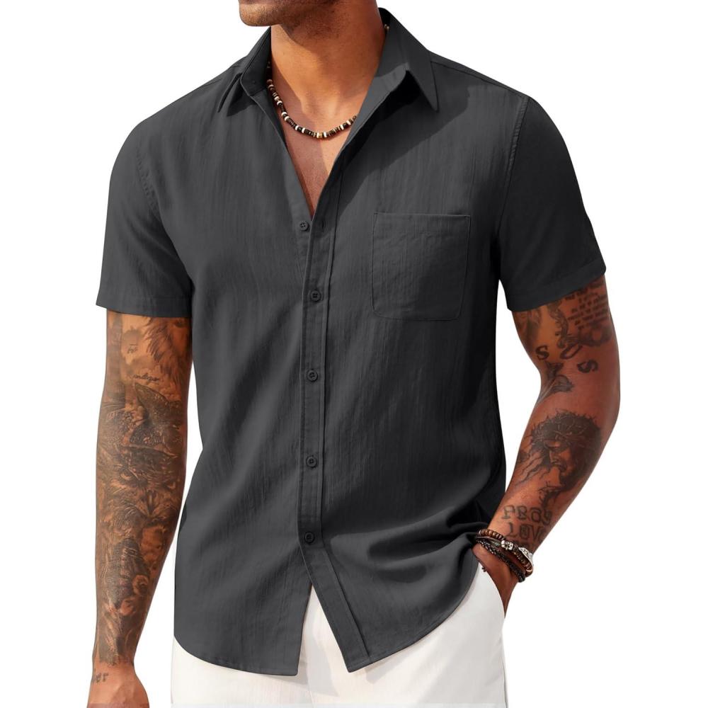 imageCOOFANDY Mens Linen Shirts Short Sleeve Button Down Shirt Casual Summer Beach Shirts with PocketDark Gray