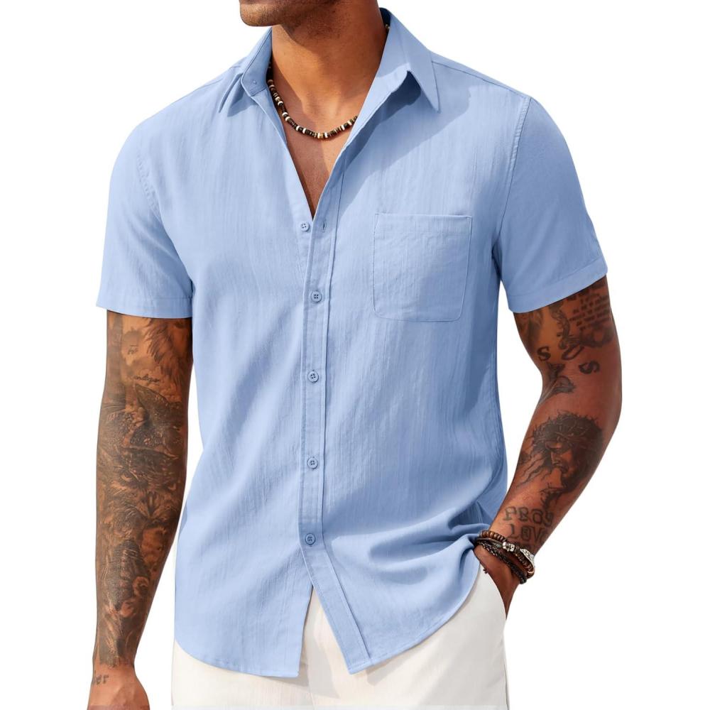 imageCOOFANDY Mens Linen Shirts Short Sleeve Button Down Shirt Casual Summer Beach Shirts with PocketLight Blue
