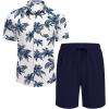 COOFANDY Men’s Hawaiian 2 Piece Outfits Summer Beach Matching Set Short Sleeve Floral Shirts and Shorts(Coconut Trees-navy Blue)
