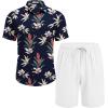 COOFANDY Men’s Hawaiian 2 Piece Outfits Summer Beach Matching Set Short Sleeve Floral Shirts and Shorts(Leaf Navy Blue)