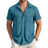 COOFANDY Men’s Casual Button Down Shirts Short Sleeve Textured Summer Beach Shirt with Pocket(Peacock Blue)