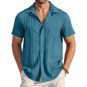 COOFANDY Men’s Casual Button Down Shirts Short Sleeve Textured Summer Beach Shirt with Pocket(Peacock Blue)