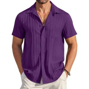 COOFANDY Men’s Casual Button Down Shirts Short Sleeve Textured Summer Beach Shirt with Pocket(Purple)