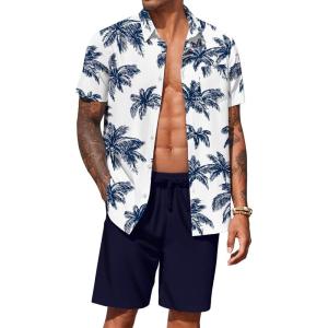 COOFANDY Men’s Hawaiian 2 Piece Outfits Summer Beach Matching Set Short Sleeve Floral Shirts and Shorts(Coconut Trees-navy Blue)