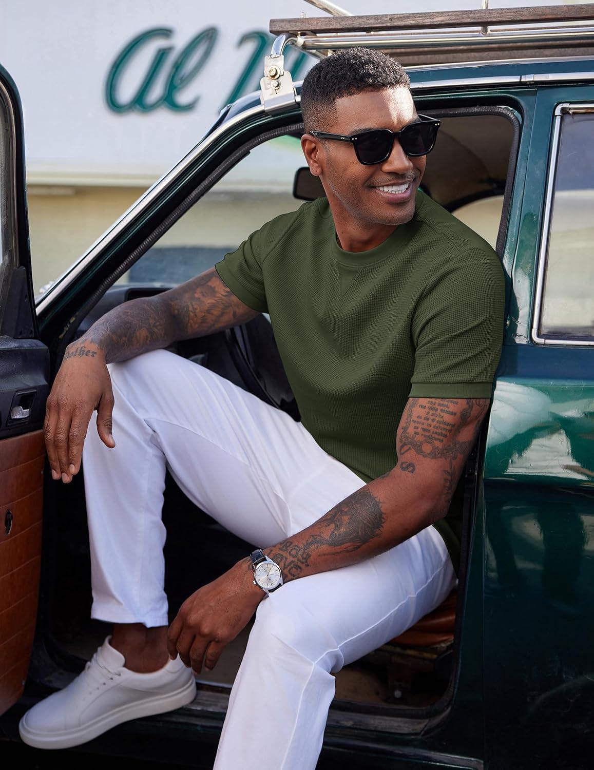 imageCOOFANDY Mens Waffle TShirts Short Sleeve Casual Crew Neck Shirt Summer Plain Pullover TeesArmy Green