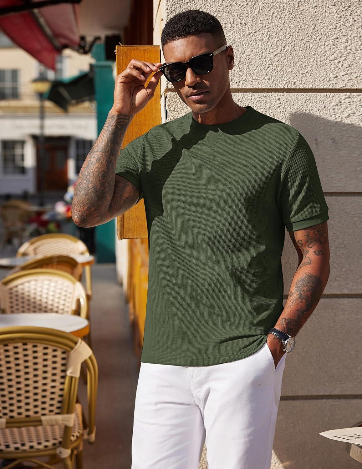 imageCOOFANDY Mens Waffle TShirts Short Sleeve Casual Crew Neck Shirt Summer Plain Pullover TeesArmy Green