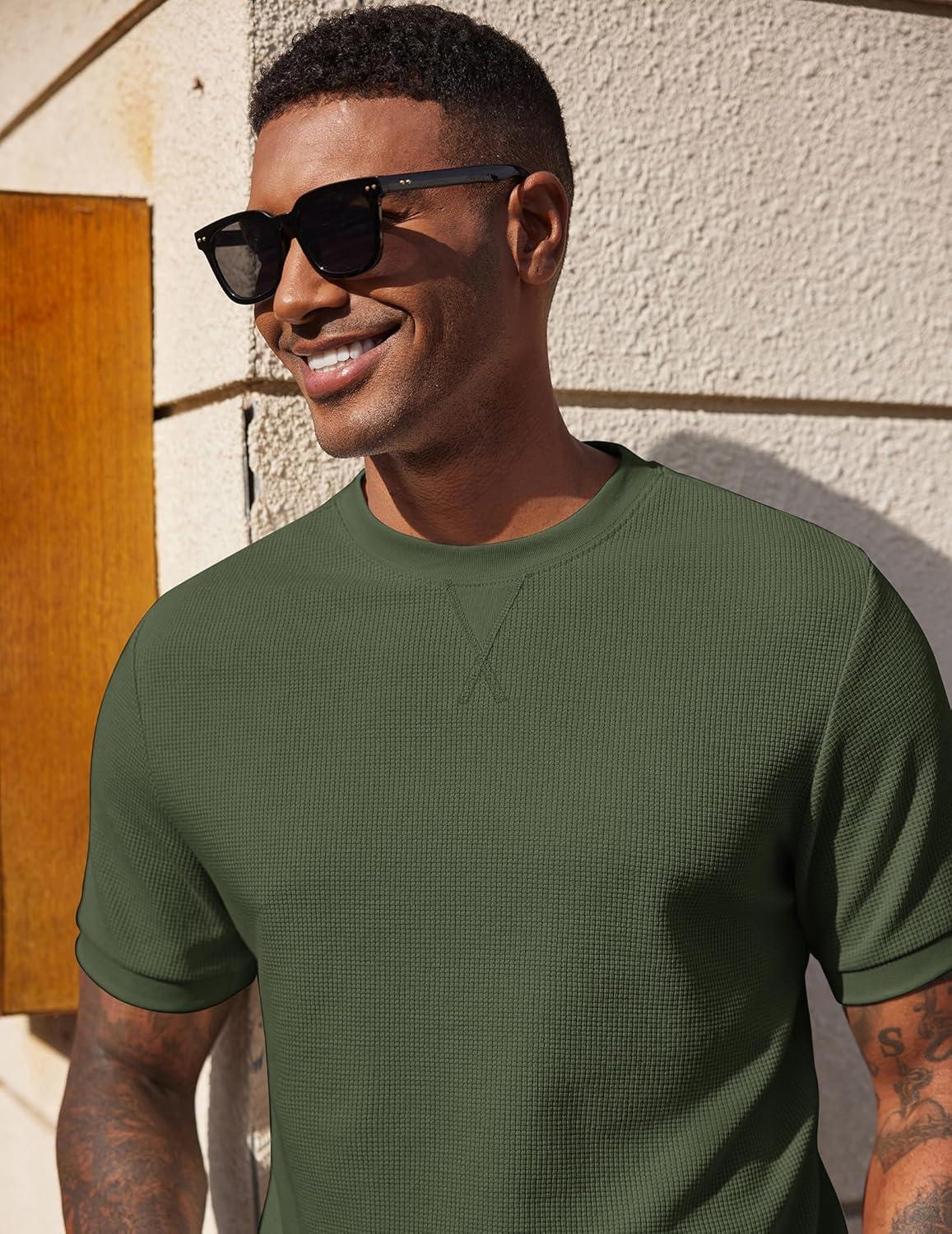 imageCOOFANDY Mens Waffle TShirts Short Sleeve Casual Crew Neck Shirt Summer Plain Pullover TeesArmy Green