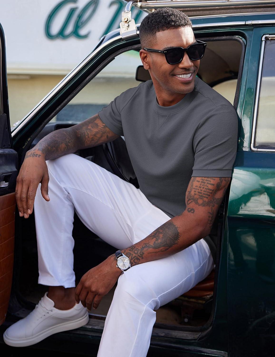imageCOOFANDY Mens Waffle TShirts Short Sleeve Casual Crew Neck Shirt Summer Plain Pullover TeesCharcoal Gray