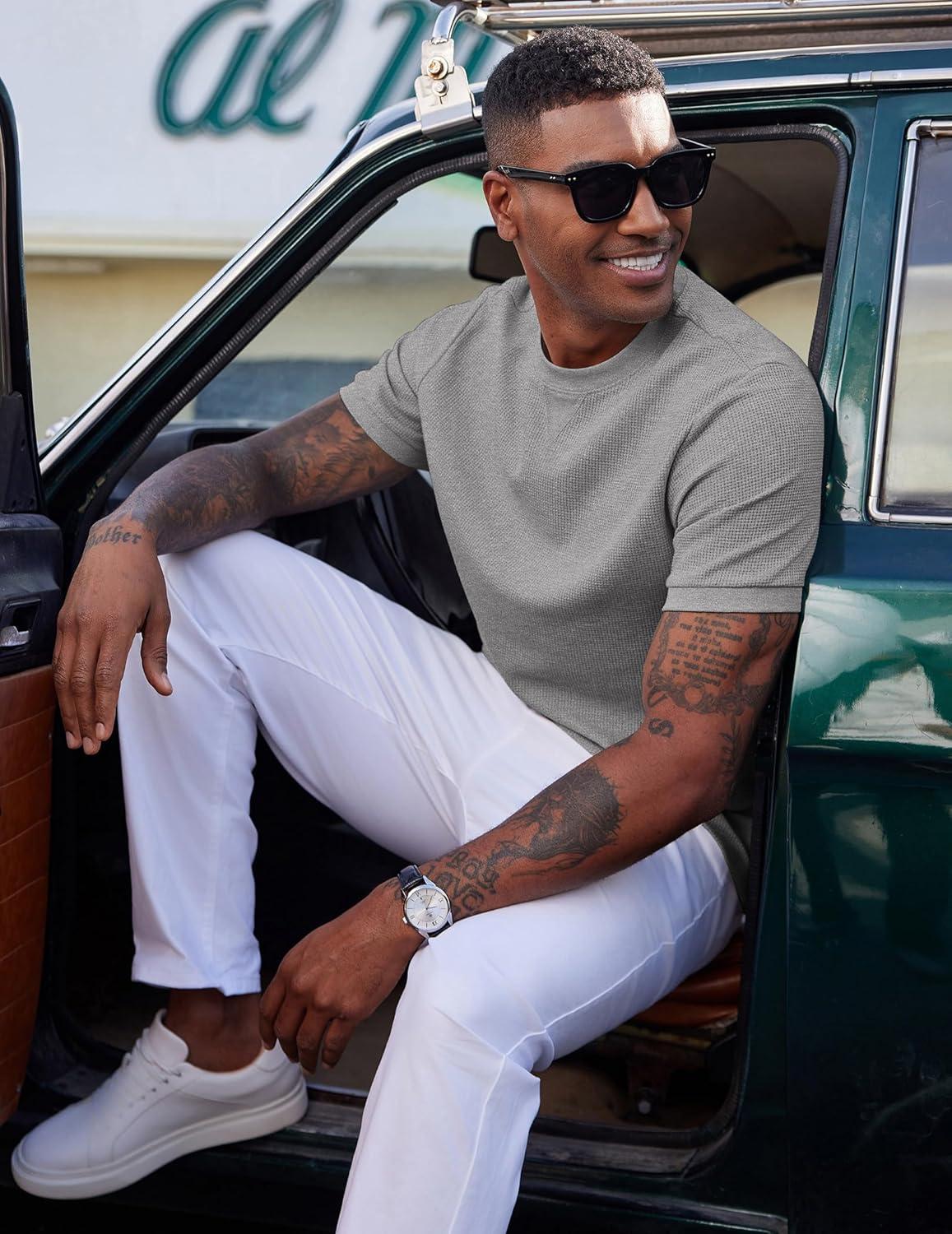 imageCOOFANDY Mens Waffle TShirts Short Sleeve Casual Crew Neck Shirt Summer Plain Pullover TeesHeather Gray