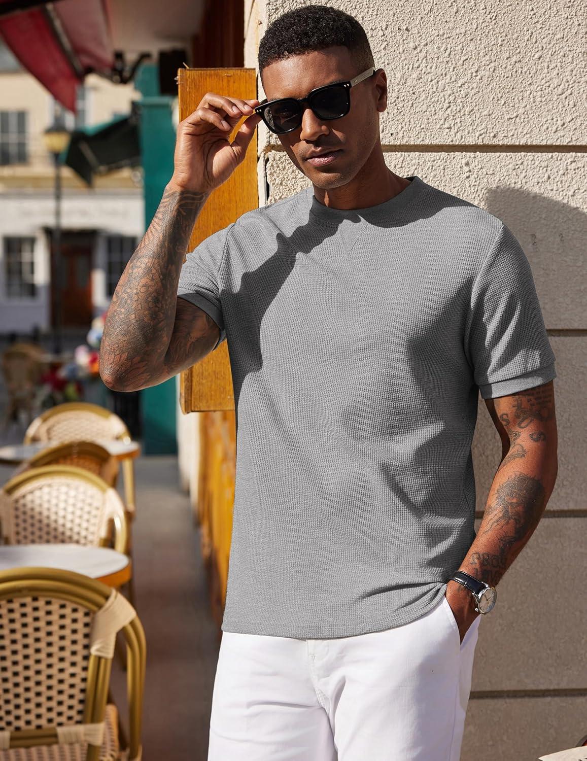 imageCOOFANDY Mens Waffle TShirts Short Sleeve Casual Crew Neck Shirt Summer Plain Pullover TeesHeather Gray